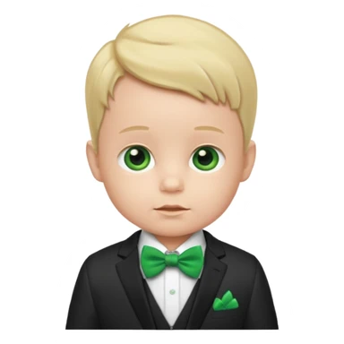 baby boy in suit, with green bow sticker