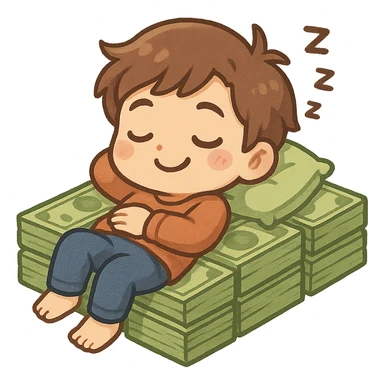 happy person napping on mattress of money sticker