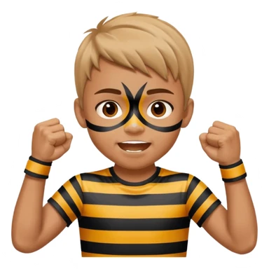 A boy with stripes face paint across his cheeks, raising his fists in excitement. sticker