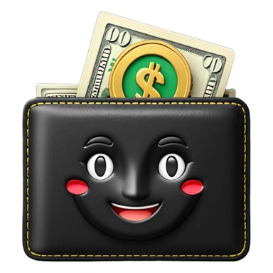 Rich emoji style black leather wallet with dollar bills, luxury money vibe, premium 3D emoji, ultra clean, high detail, no background sticker