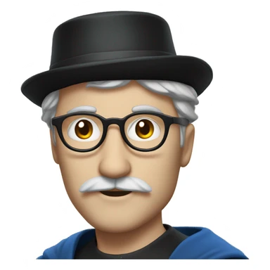 man with white skin, black longer hair, mustache, glasses, with a magic hat, ravenclaw sticker