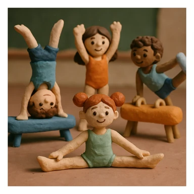 Kids doing gymnastics, matte, plasticine claymation with visible fingerprints and pastel colors. sticker