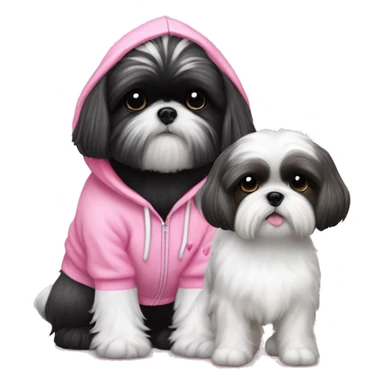 one very cute black and white  shih tzu girl and one white  girl maltaise dog wearing a pink hoodie with hearts sticker