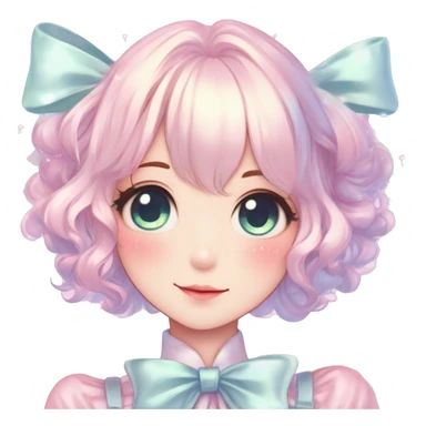 Gorgeous pastel anime style lady with blushing face with sparkly bow tie idol model cottagecore fairycore pastelcore shiny colorful pearly petite simplistic aesthetic trending style sticker