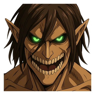 Eren Jaeger Titan form, close-up face, glowing green eyes, fierce, anime style sticker
