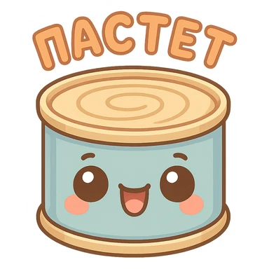 A cute tin can of pâté with big expressive cartoon eyes, smiling and happy face, kawaii style, pastel colors, soft shading, simple background, adorable character design, high quality illustration, playful and funny mood, text on top saying "ПАСТЕТ" in bold cute Cyrillic letters sticker