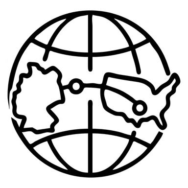 VPN globe icon showing a connection from Germany to the USA, outlined style, no text, suitable for Instagram Reel sticker