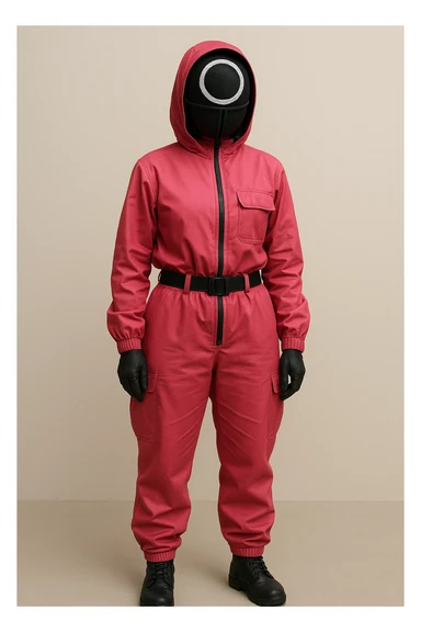 Squid Game woman character in pink guard uniform with mask, standing pose, simple background sticker