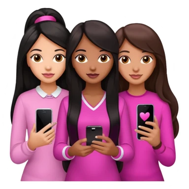 3 brown girl friends with a phone on their hand, one with black long hair, one with brown hair long and the other one with black with brown hair. Wearing pink glammed up  sticker