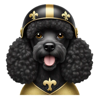 Black poodle wearing a gold football helmet with black stripe and gold fleur de lis emblem sticker