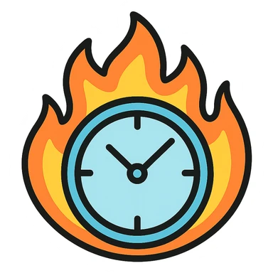 minimal color icon of a round clock with bright vivid flames, clean lines sticker