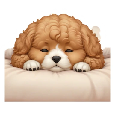 Cinematic Chubby Sleeping Cavoodle Portrait Emoji, Chubby and serene, with a round, cuddly build and a soft, curly apricot coat with subtle white patches, eyes gently closed in peaceful slumber, Simplified yet irresistibly endearing features, highly detailed, glowing with a gentle, dreamy glow, high shine, relaxed and content, stylized with a touch of whimsy, bright and heartwarming, soft glowing outline, capturing the essence of a blissfully sleepy companion, so comically serene it feels like it could roll out of the screen and snore with adorable charm! sticker