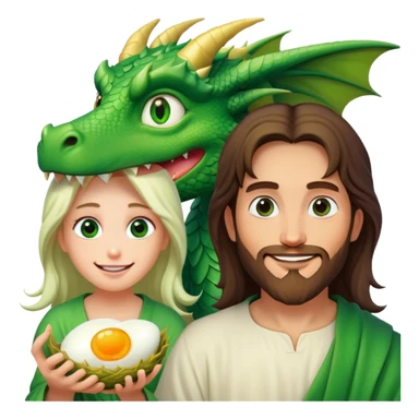 Jesus with a smile and an eye twitch next to a dragon eating eggs sticker