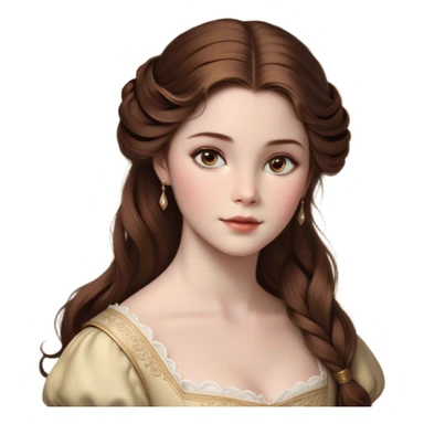 Cinematic Realistic Belle Portrait, depicted with lifelike skin texture, soft natural lighting, and intricately detailed brown hair styled elegantly. Her deep, expressive eyes exude warmth and intelligence, complemented by a serene and graceful expression. She is dressed in her classic attire, with rich fabric textures and delicate folds that catch the light beautifully. The portrait features a soft, enchanting glow with a natural, radiant finish, capturing the essence of timeless beauty in a realistic and painterly style, evoking a sense of depth and authenticity. sticker