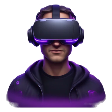 Russian man wearing a black hoodie with "OMG" letters on it and VR headset in a cyberpunk VR environment with violet neon lighting. sticker