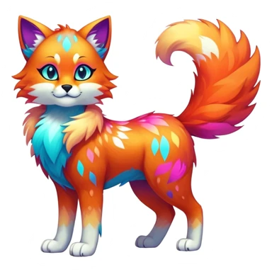 Vibrant multicolored neon-colored Falvie-Fionbri-creature-sparkle-feline-canine-hybrid-fursona, full body, fur pattern-markings sticker
