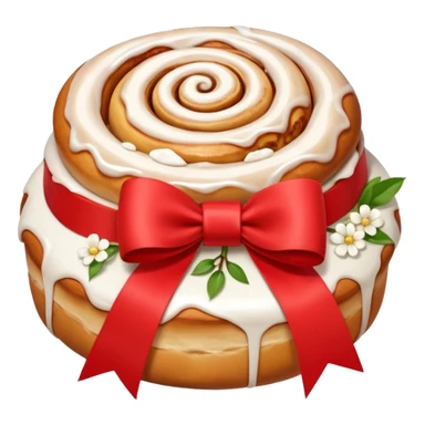 A cinnamon roll , white flowers bouquet with red ribbon and cute white bow sticker