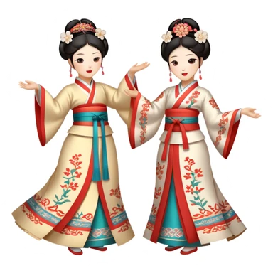 Cinematic Realistic scene of two performers engaging in Ganggangsullae, dressed in traditional Korean costumes with intricate patterns and graceful movements, illuminated by soft, festive lighting that accentuates the cultural ambiance sticker