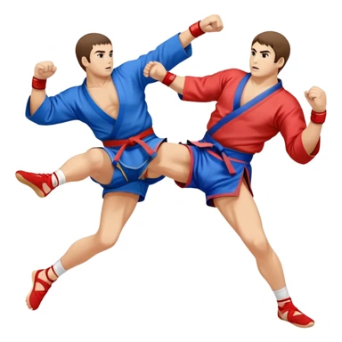 An icon symbolizing Sambo, featuring two fighters in blue and red kimonos with shorts and wrestling shoes. One executes a powerful throw, while the other attempts a defensive grab. The fighters are engaged in a grapple, using joint locks and sweeps.  sticker