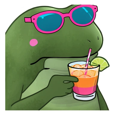 Bufo frog with pink sunglasses, holding a rainbow cocktail, in bufo style, transparent background sticker