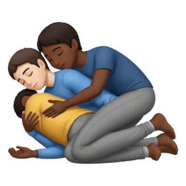 1White adult male dark hair and dark skin adult male, spooning naked on the ground, touching, cuddling, rear view,  sticker