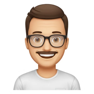 portrait of adult man, wearing a t-shirt, square glasses, grinning face sticker