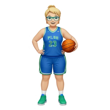 Full Body plus size white female basketball player with medium brown with blond hair with short spike hair wearing blue glasses 
With a small wide nose wearing blue green uniform  green sneakers smiling wearing silver hoop earring  sticker