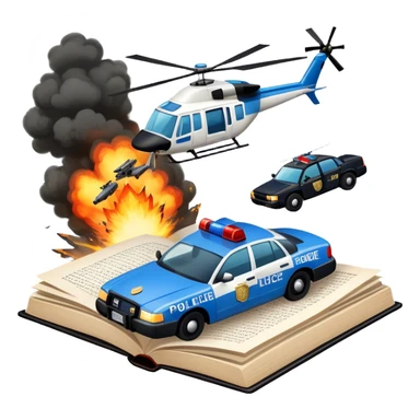 Icon for Action & Crime Reading: an open large book with text on the pages, a police car is driving out, with explosions behind, a helicopter flying above, a pistol with bullets in the front. The icon should capture the thrilling action and suspense of crime stories. Transparent background. sticker