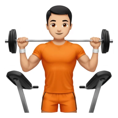 Mach mir einen glücklichen typen der im gym trainert und viele muskeln hat mit einem orangen sport thshirt und schwarzen kurzen haaren sticker