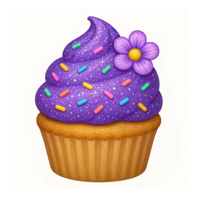 Add edible glitter and a small flower to the cupcake with purple frosting and rainbow sprinkles in emoji style. sticker