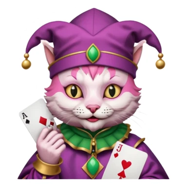 court jester cat medieval, single poker card joker clearly visible, pink, face only, round badge,  court jester cap sticker