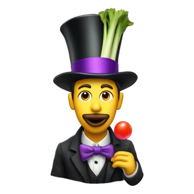 Man chewing bubblegum, holding a Leek wearing a tophat with a purple band sticker
