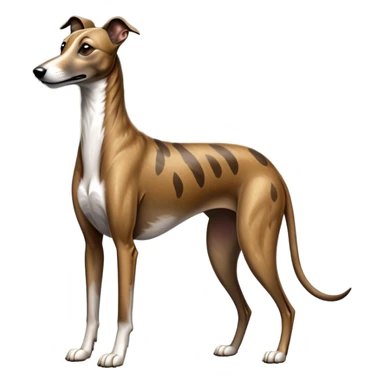 cinematic-[brindle greyhound]-realistic-full-body-sitting-emoji,-tail-resting-loosely-beside-its-paws,-head-tilted-dramatically, -sleek-[brindle]-fur,-simplified-yet-realistic-focused-features,-highly-detailed,-glowing-with-an-almost-sarcastic-glow sticker