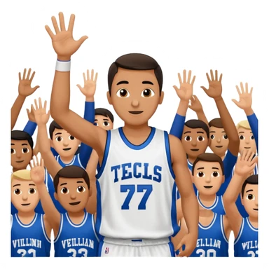 Maverick Trevillian in the crowd at an amateur basketball game. He leans towards the camera and enthusiastically shouts "six seven while performing a distinctive hand gesture: both hands open, palms facing upward, moving up and down as if weighing two options. sticker