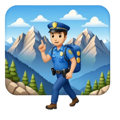 Adventurous man hiking with a police badge with mountains in the background sticker