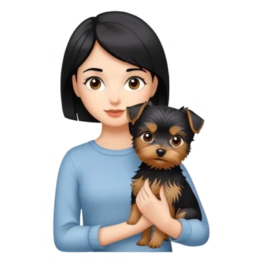 A beautiful girl with short black hair holding a Yorkshire Terrier sticker