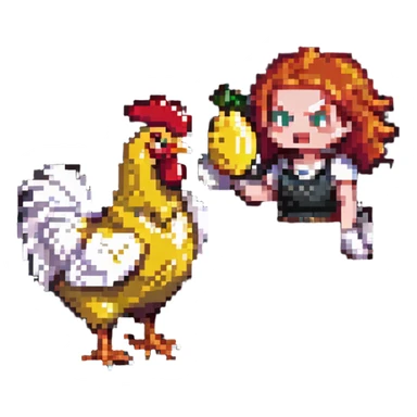 angry redhead with a banana throwing chicken, pixel art style sticker