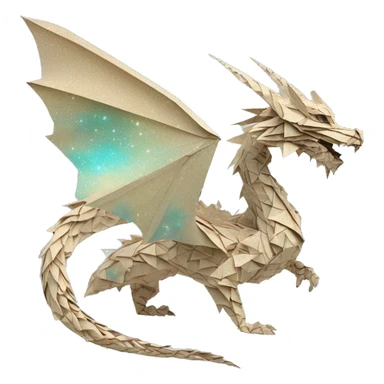 Sparkling royal patterned Beige Origami dragon with a dried flower crown made of newspapers intricate patterns surrounded by fairy lights nebula galaxy stars swirls iridescent cyan sticker