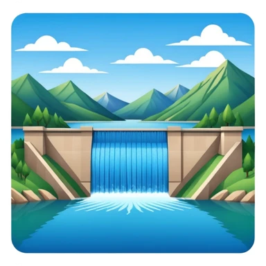 Emoji-style illustration of dam in front of mountain lake, flat vector look, bold outlines, minimal details, no background. sticker