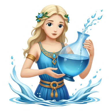 The zodiac symbol Aquarius. A mystical and beautiful water bearer, holding and pouring water from a large, intricate, and arcane vase into the sea sticker