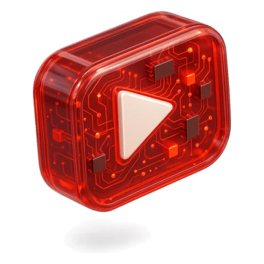 YouTube play button, white, centered, red background, glossy circuit style sticker