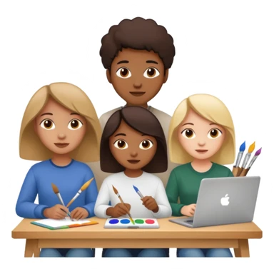 three diverse design students working on creative project with art supplies and laptops sticker