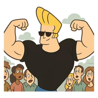 johnny bravo cartoon character, flexing in front of a crowd, cartoon style sticker