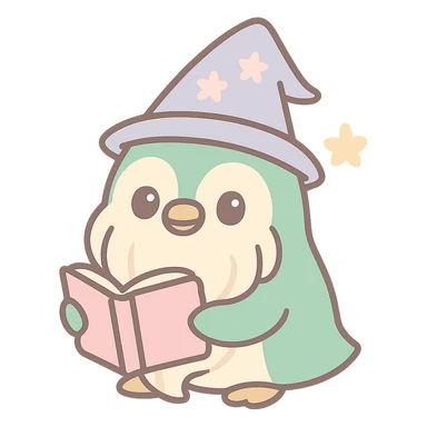 penguin wizard with a long beard, holding a book, mystical, charming sticker