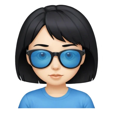 A girl with black bob hair with pony, wearing black sunglasses，funny(0.5) face (0.5)， a blue t-shirt. sticker