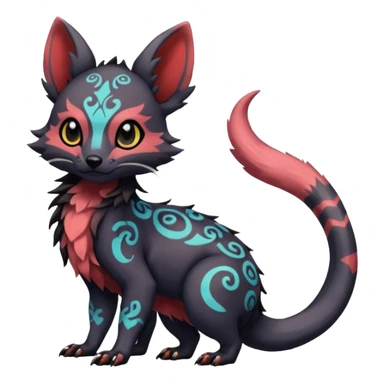 Rare warm-colored exotic cute epic aesthetic gothic colorful Salandit-Eevee-Civet-species-Fakemon-hybrid-creature, with intricate tattoo markings, full body sticker