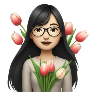 asian pale skin girl with long black shaking hair and bangs and glasses holding tulips sticker