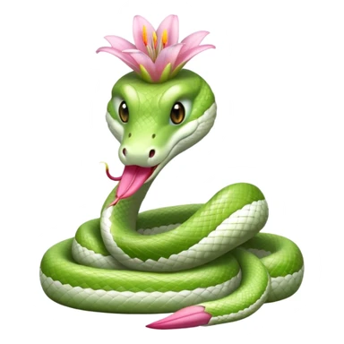 A cute, friendly, fluffy, light green and white snake
with a pink lily flower on its head
(no sting) sticker