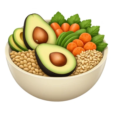 Minimalistic flat vector icon, iOS style, thin black contour on white background. Bowl with vegetables, grains, and avocado slices inside. Clean, no text, no shadows sticker
