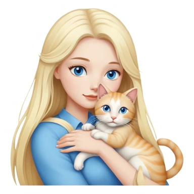 pretty woman with pale skin and with BLUE eyes and very long blonde hair  hugging a bicolor cat sticker